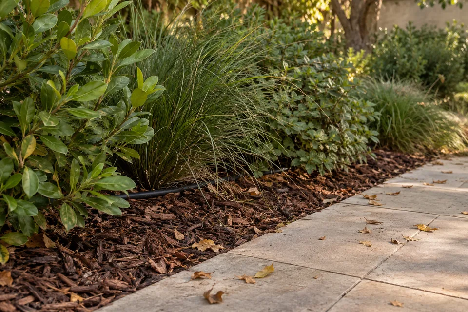 Planting-edge concept with leafy shrubs and grasses, wood mulch, a visible irrigation line and fallen leaves on the adjacent paving