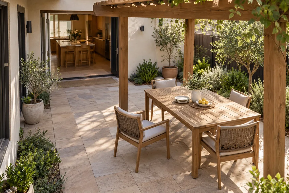 Dining-patio concept showing the back door at upper left, an open strip of paving, pulled-back chairs and patterned light on a timber table