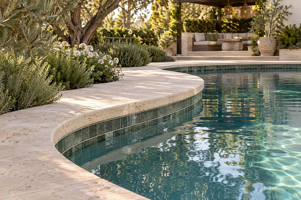 Close view of pale stone coping above green waterline tile and pool water