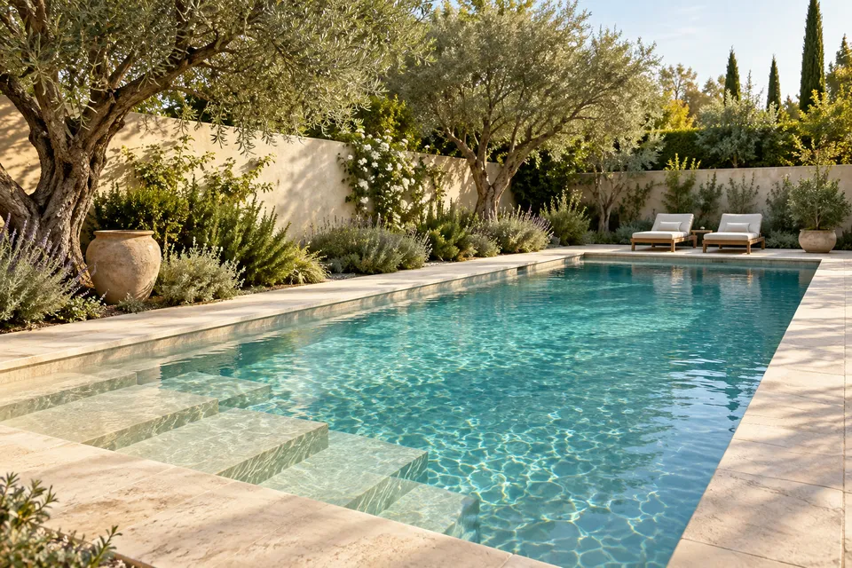 Pool beside a paved lounge area and planted border, with numbered markers separating the areas to discuss
