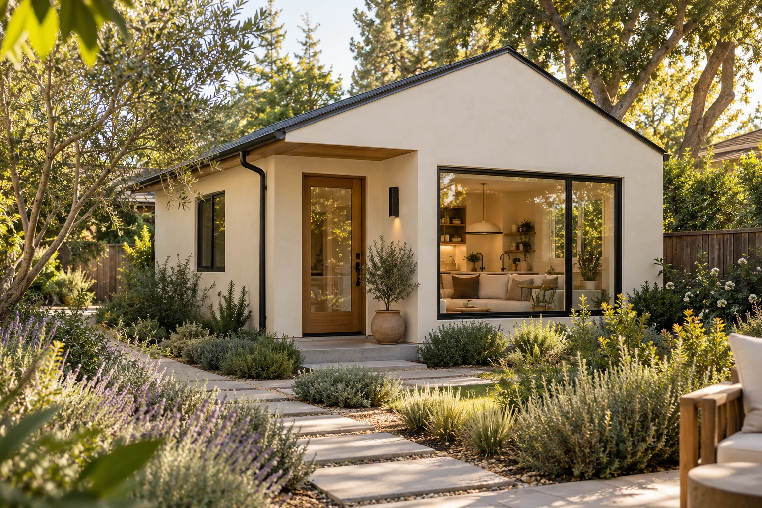 Detached garden dwelling with a separate entrance and living space beside a planted path