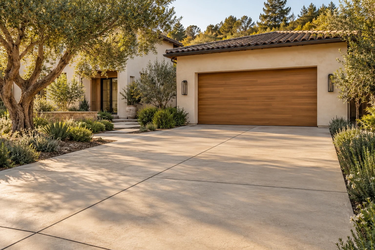 Concrete driveway with clear panel joints, a separate entry path and an oak garage door