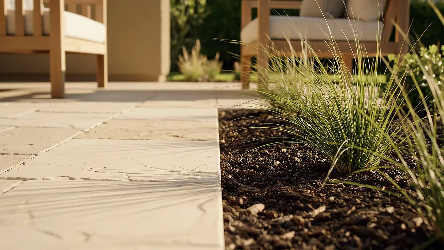 A planted border beside a stone patio