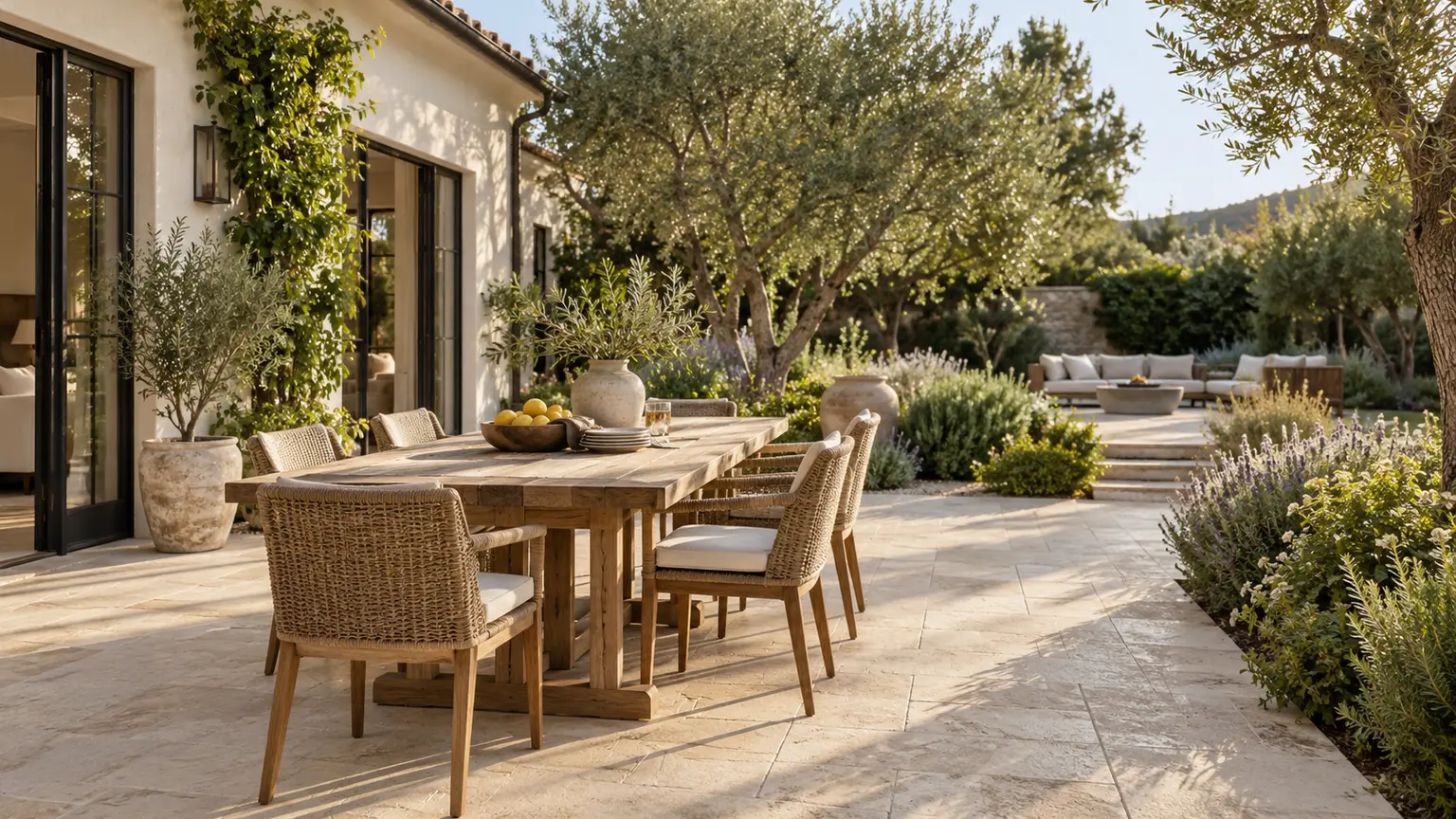 A teak dining table on a stone terrace, with layered planting and a garden seating area beyond