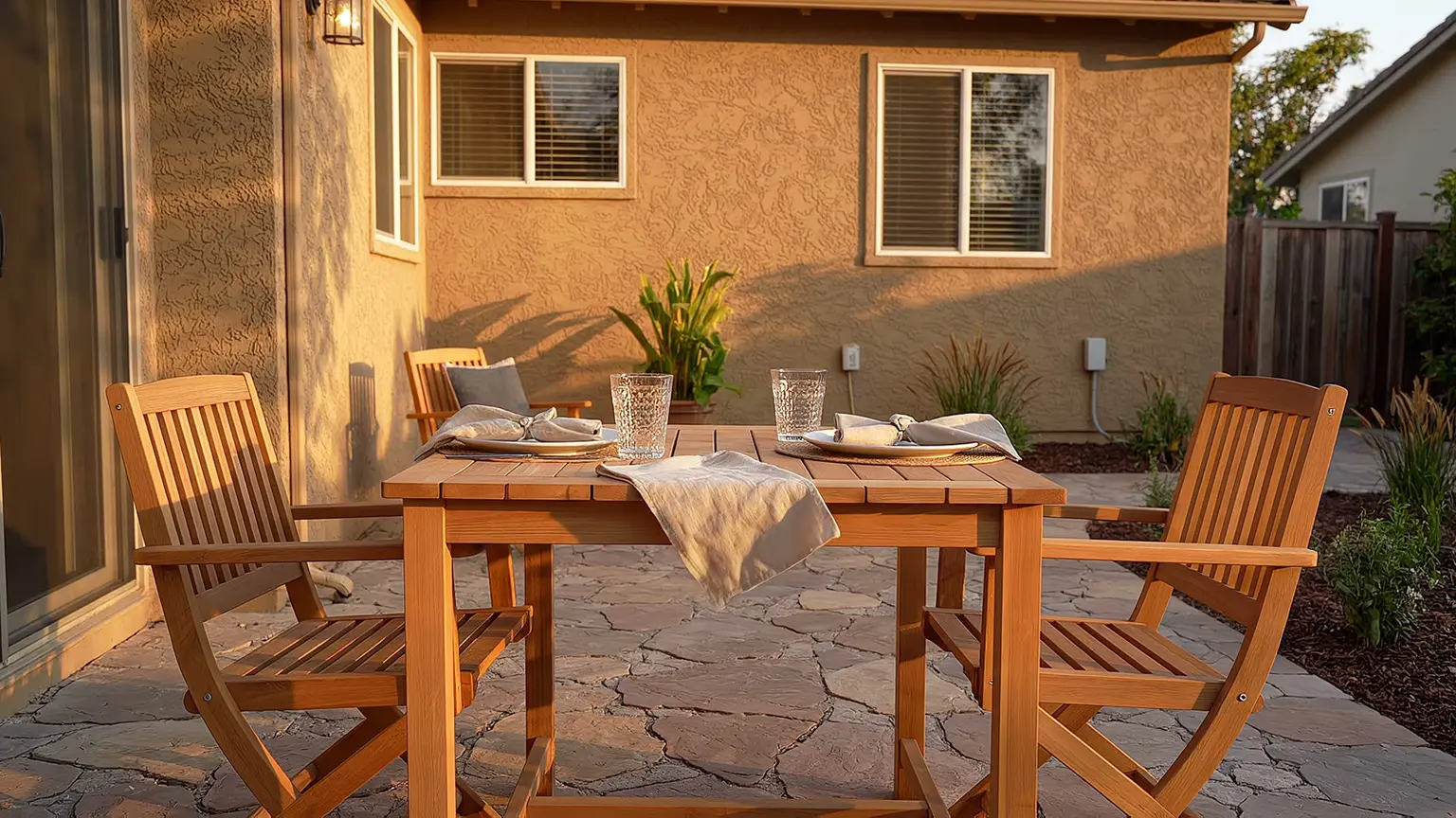 An outdoor dining table and chairs on a patio at dusk