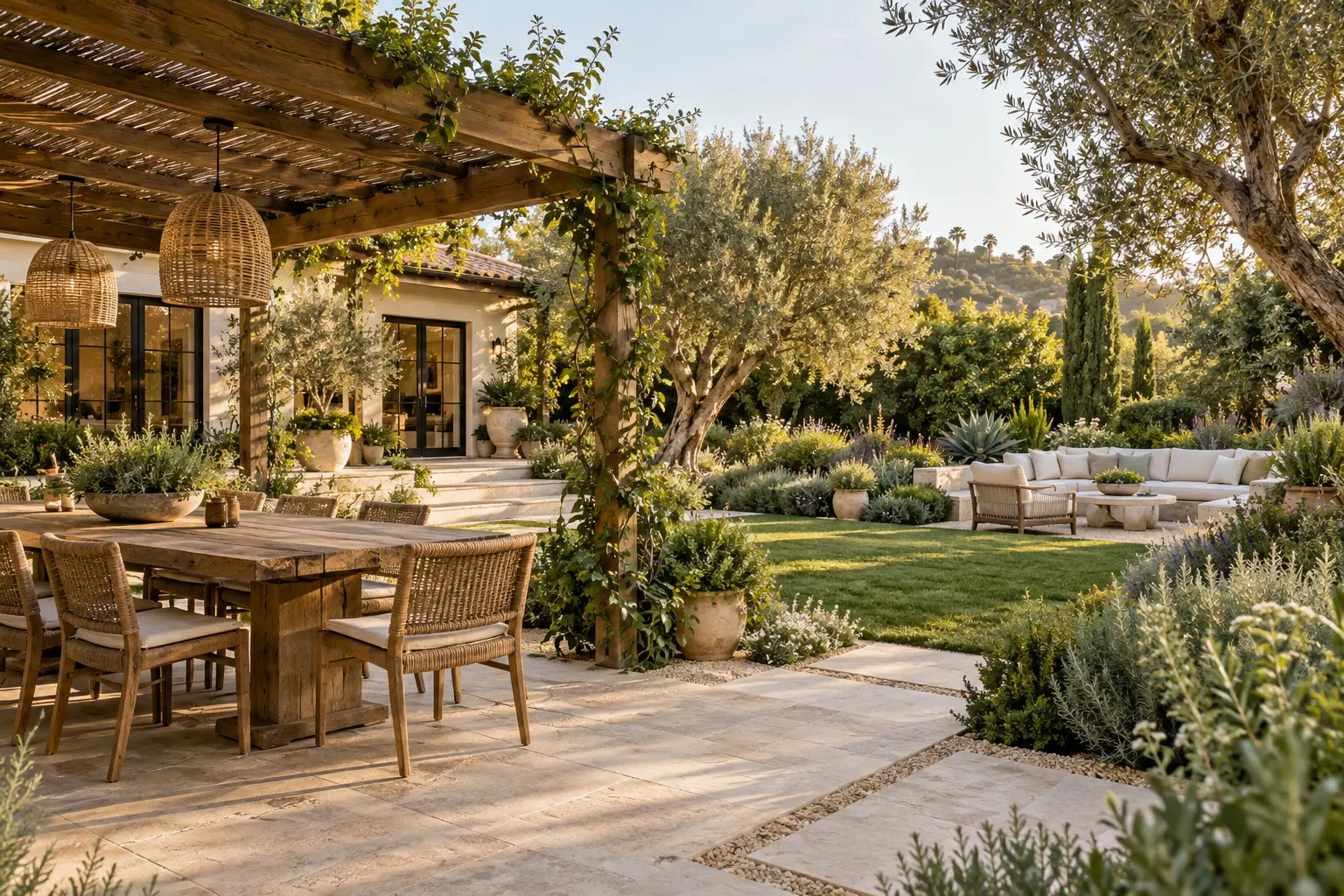 Backyard concept with a dining table beneath a timber pergola, a lawn and a separate seating area among trees
