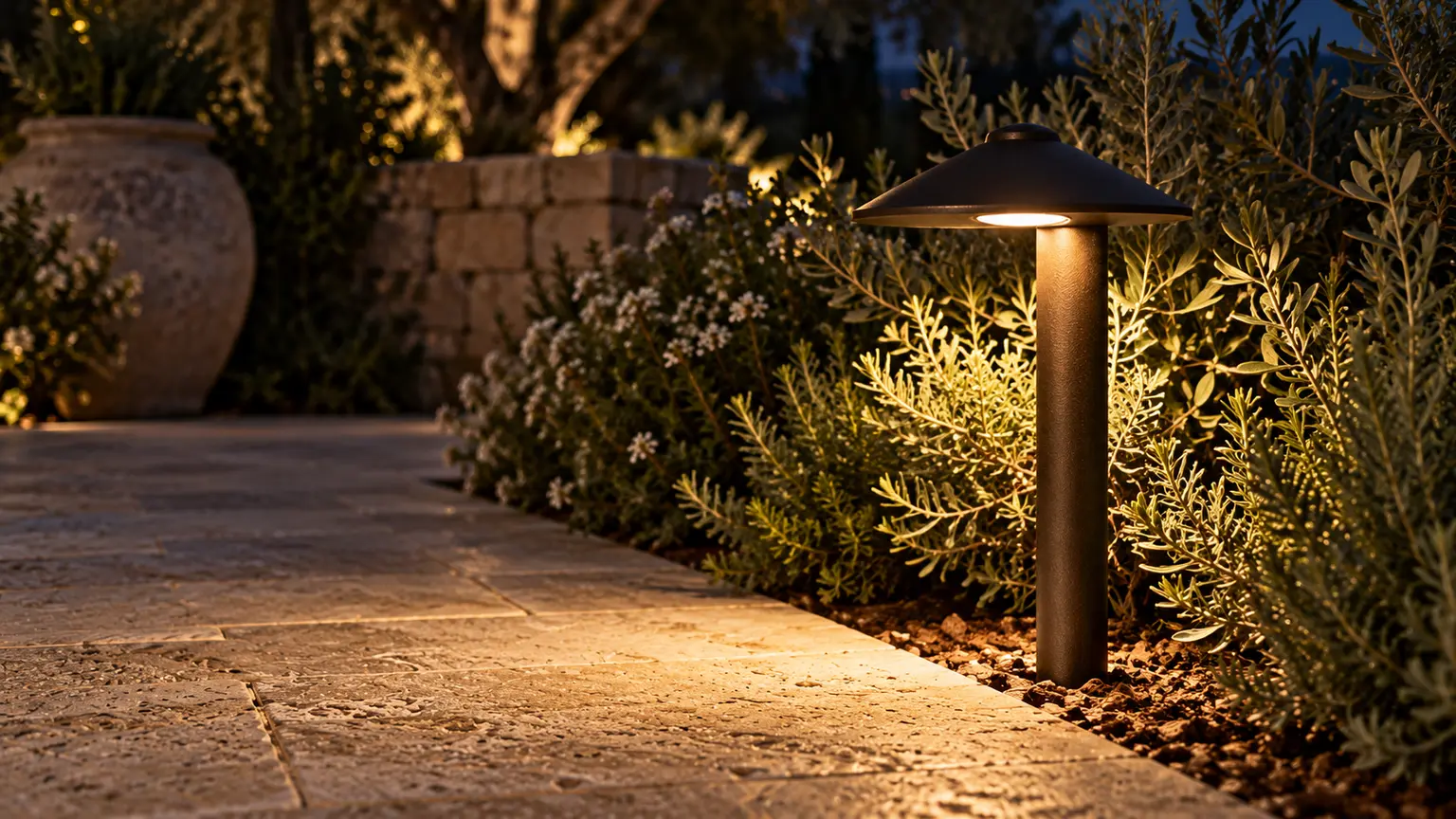 Low garden fixture beside stone paving with its source visible beneath the shade