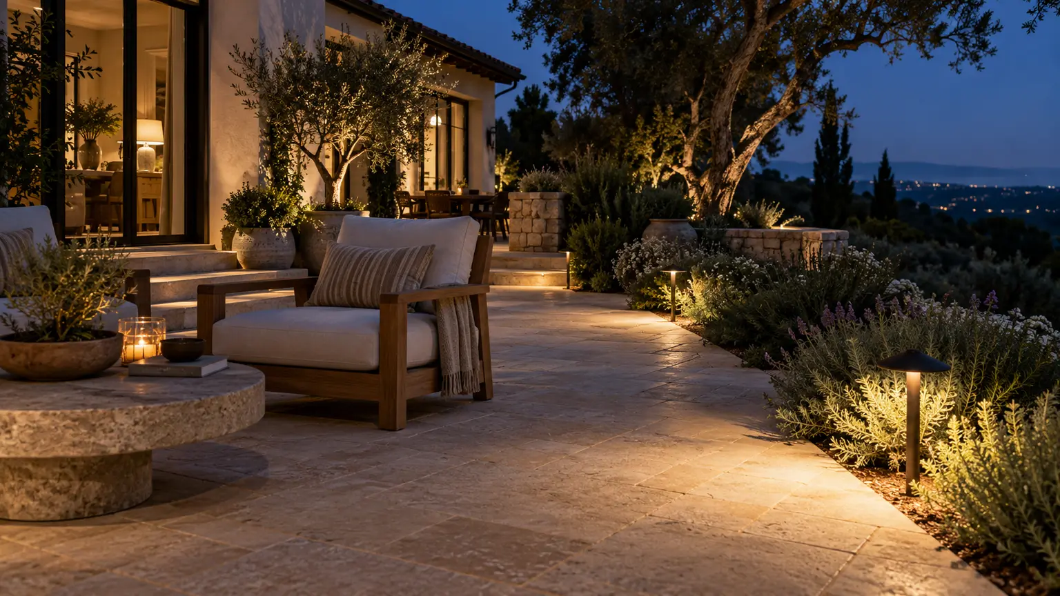 Stone terrace with lounge seating, garden planting and small lights illuminating the paving after dark