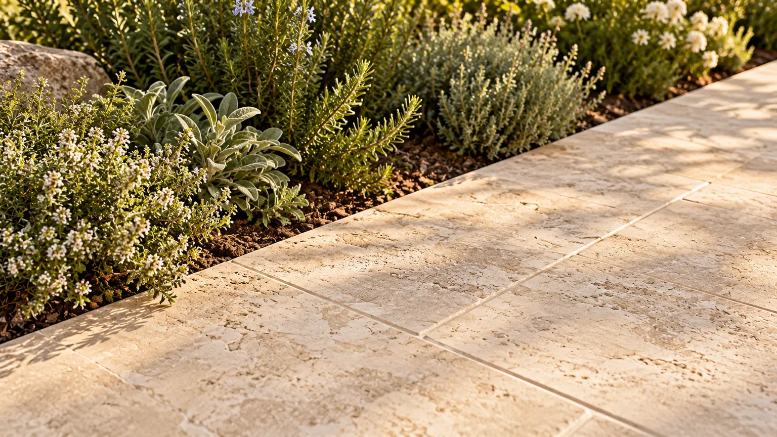 Pale stone paving meeting a planted garden border
