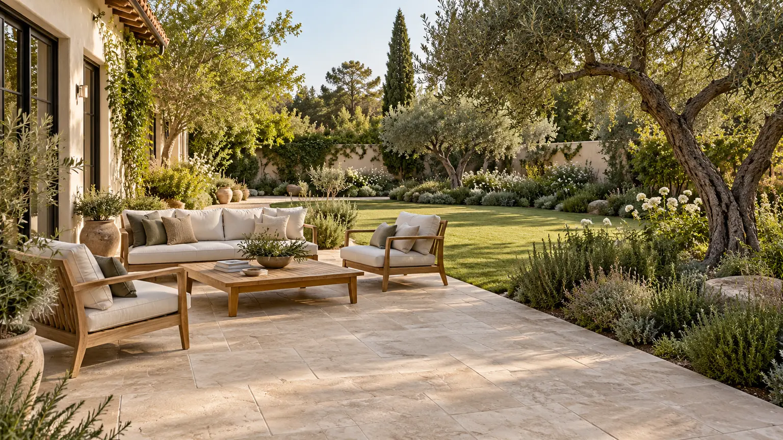 A finished patio beside an open garden area in a spacious California backyard