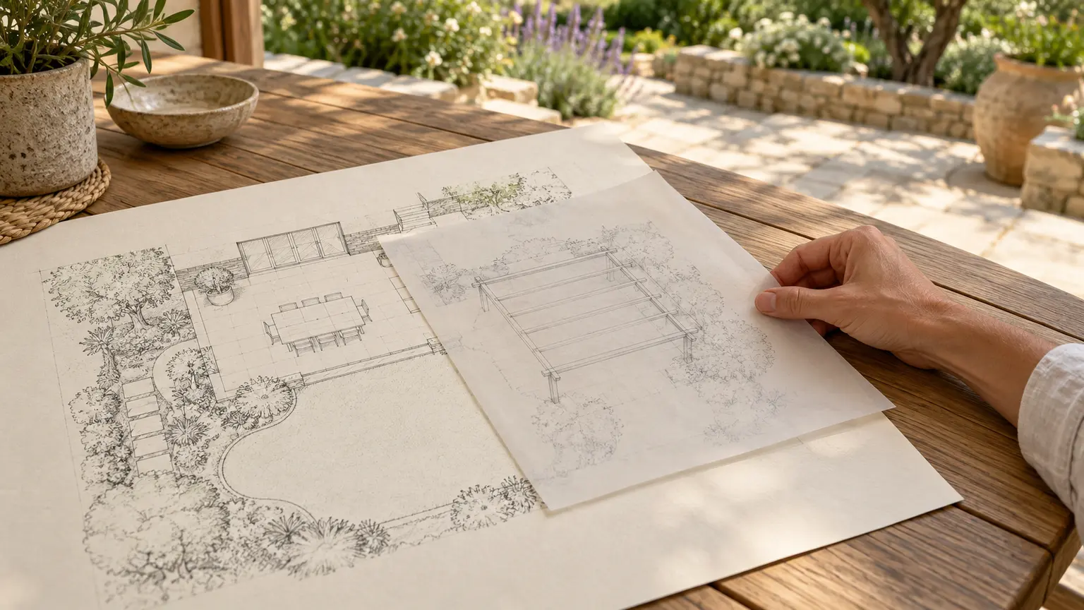 A hand holding a translucent sheet over a pencil garden plan on a wooden table