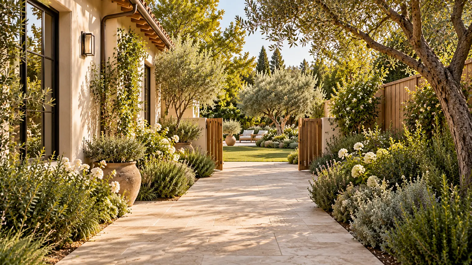 A paved garden approach leading through an open timber gate