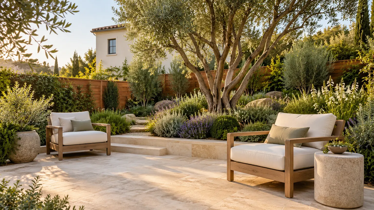 Two lounge chairs on a garden patio with planting, a timber fence and a neighboring upper-story window
