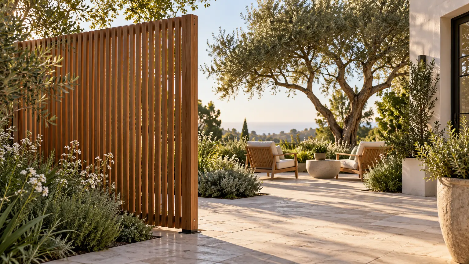 Timber slats and planting beside a garden seating area