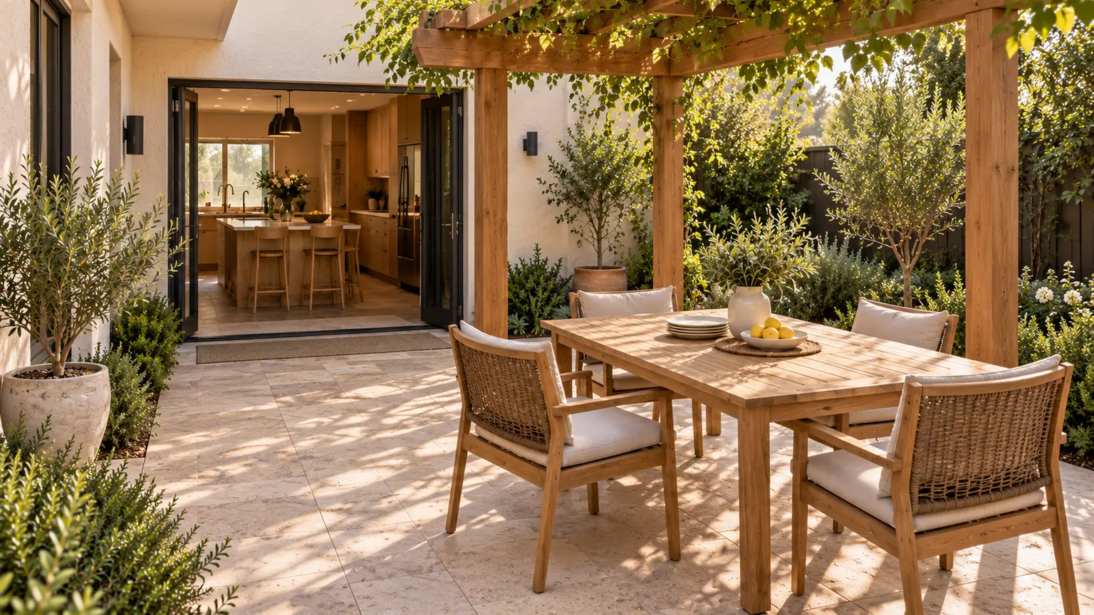 Outdoor dining table and chairs beneath a vine-covered timber pergola beside an open kitchen doorway
