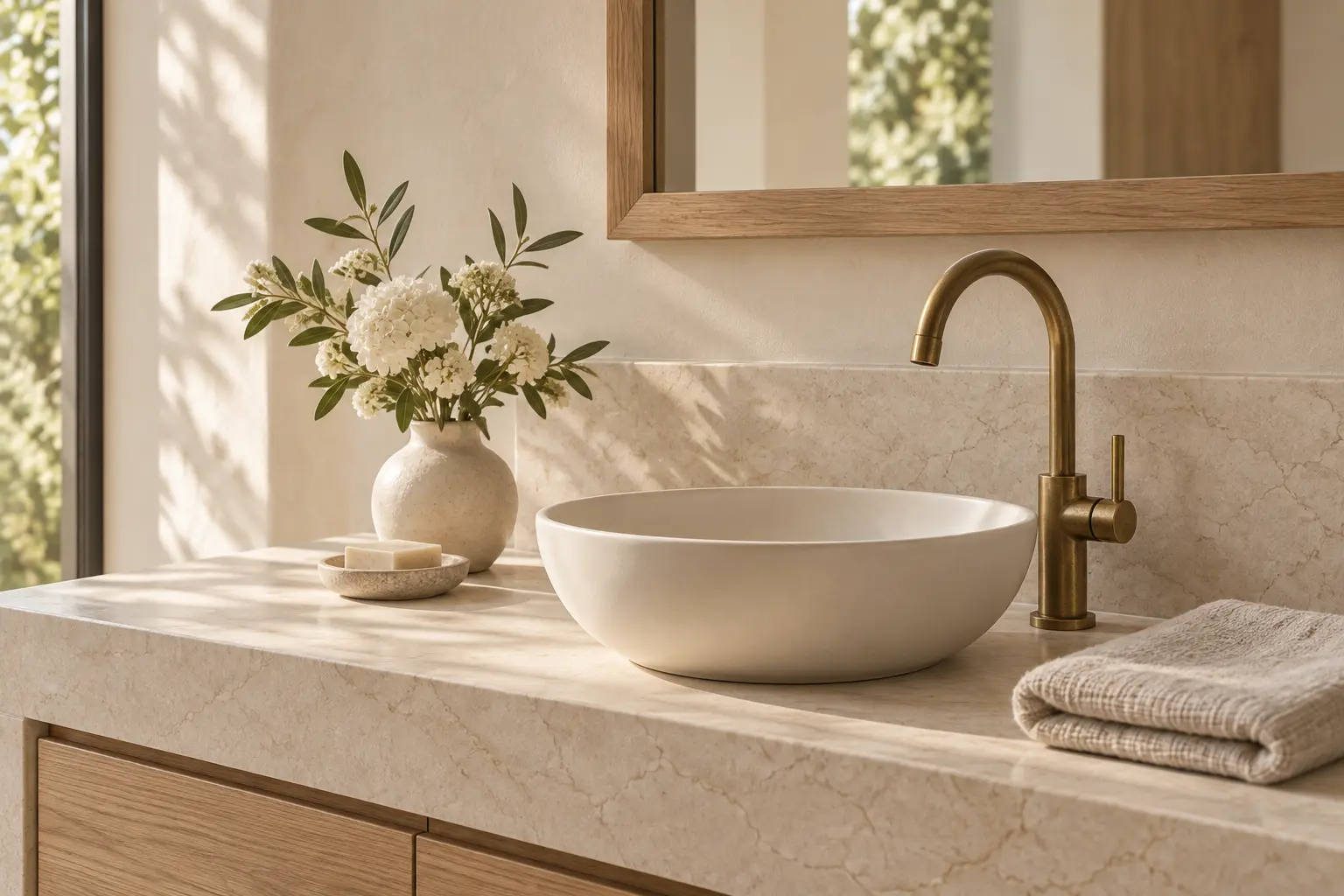 Concept vanity with a limestone counter, ivory basin, brass tap, and white flowers