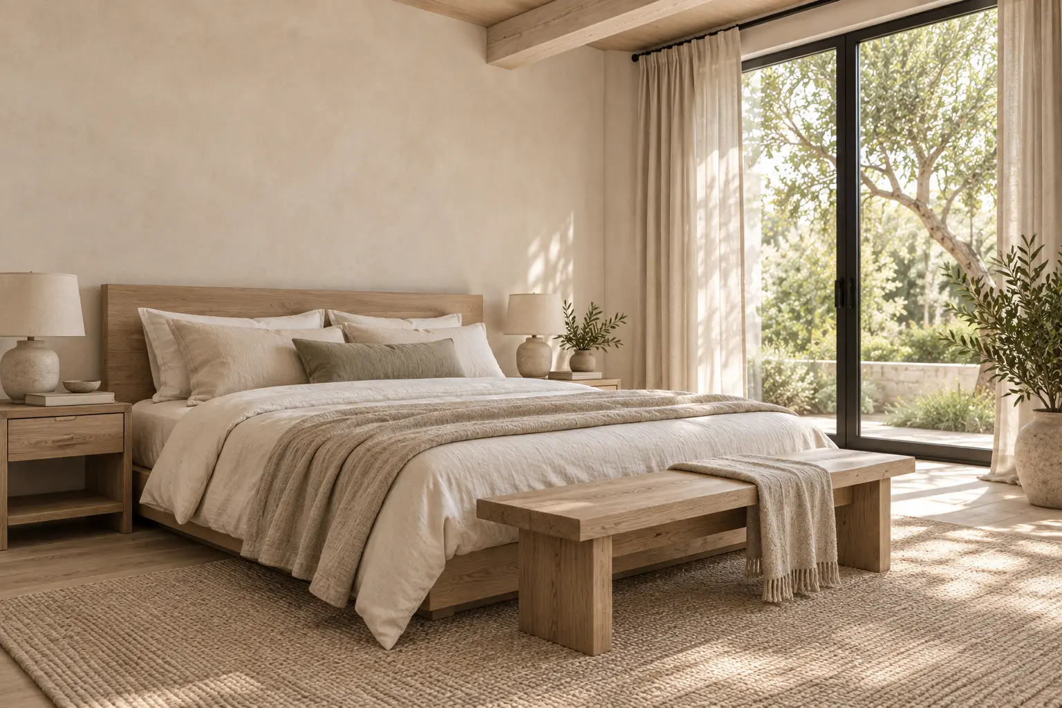 Concept bedroom with an oak bed and bench, ivory linen, and soft window light