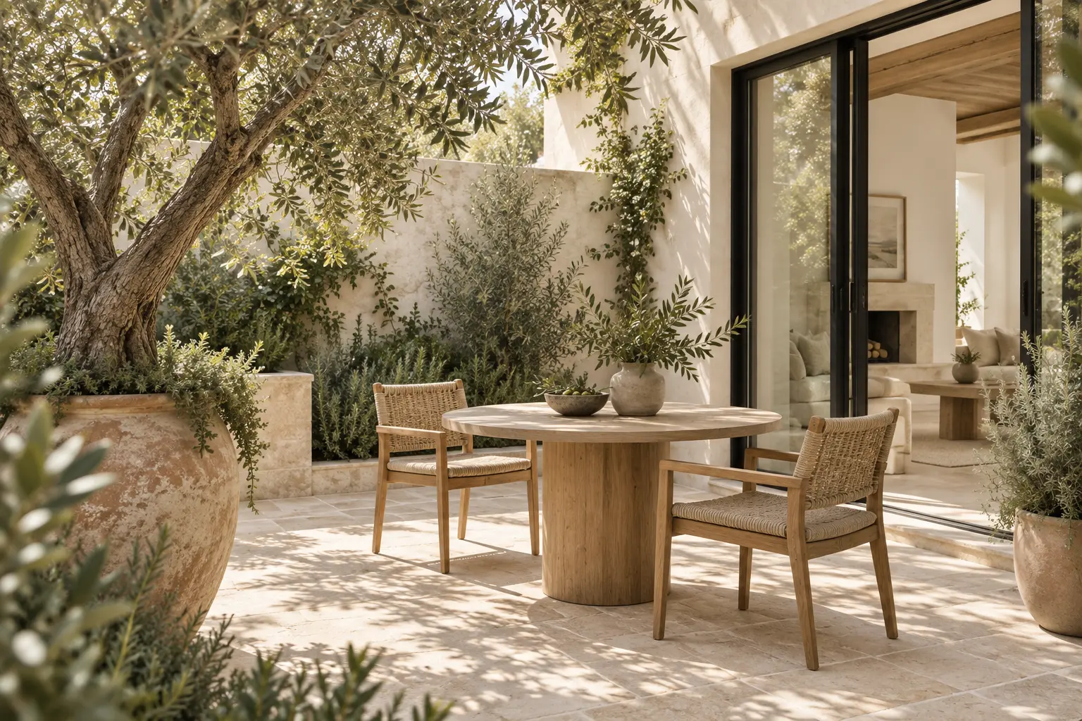 Concept courtyard with limestone paving, a potted olive tree, and woven chairs around an oak table