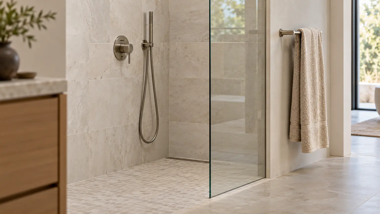 Wall-mounted shower controls, a glass panel and a towel rail outside the shower