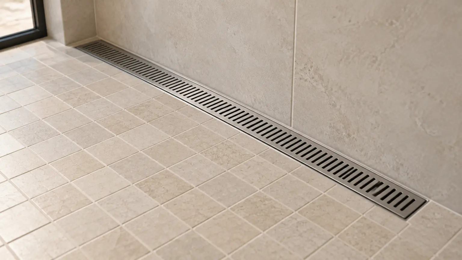 Tile layout beside a linear shower drain and glazed enclosure