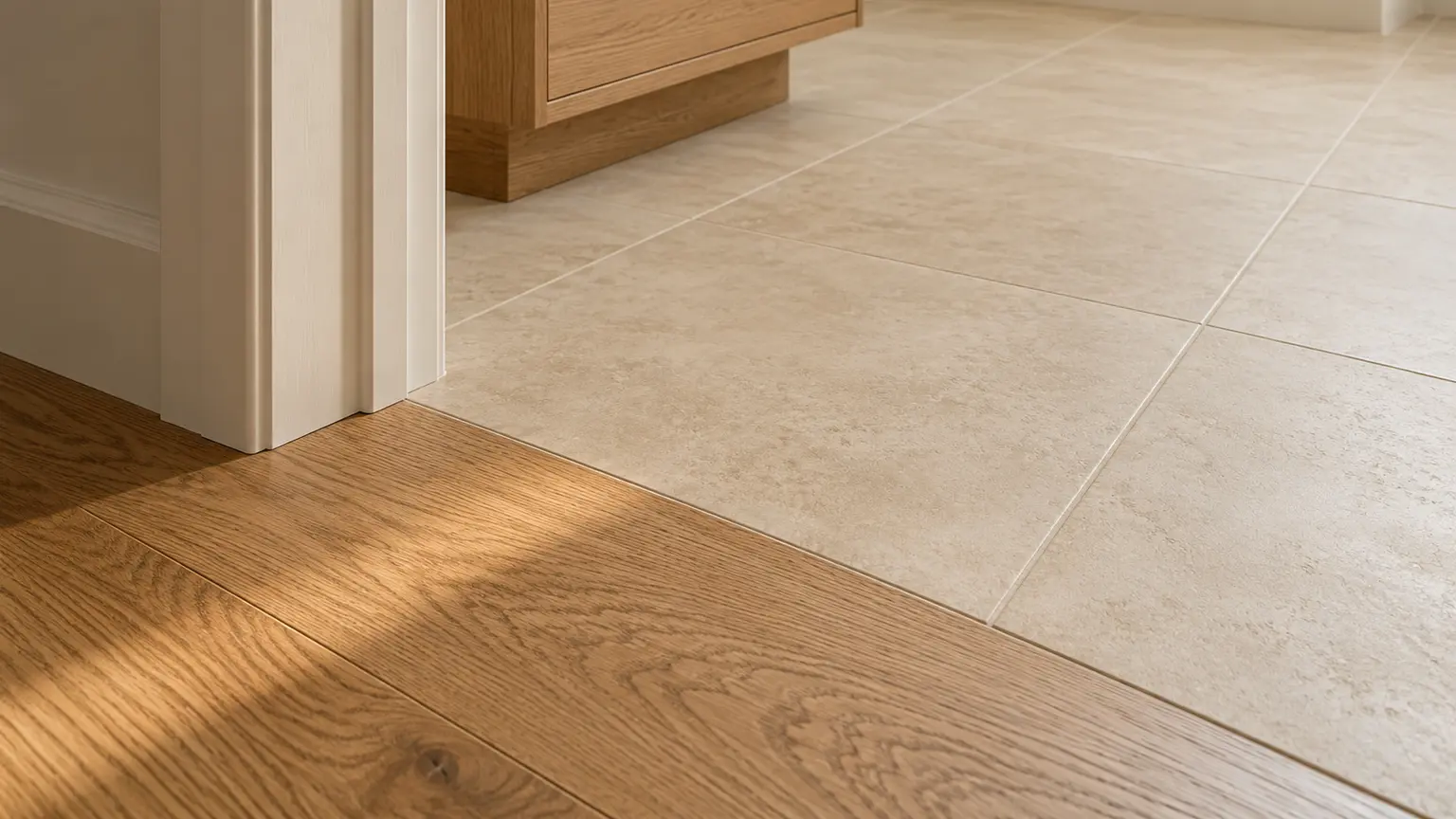 Oak hallway boards meet porcelain tile at a bathroom doorway