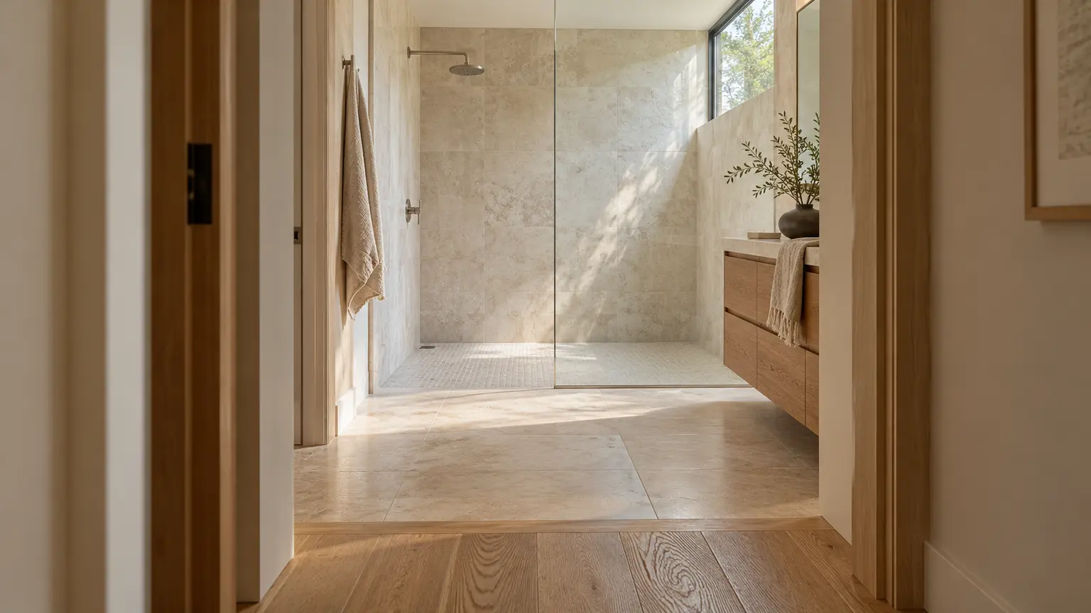 View from an oak-floored hallway into a pale tiled bathroom and flush shower entrance