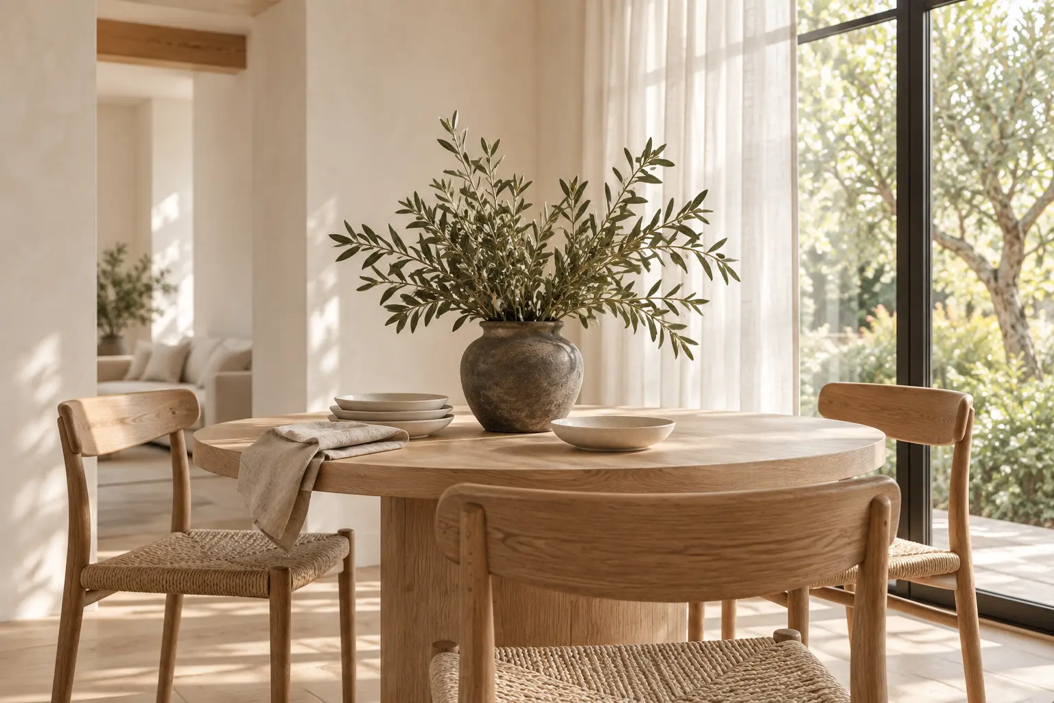 Concept dining nook with a round oak table, woven chairs, linen curtains, and olive branches