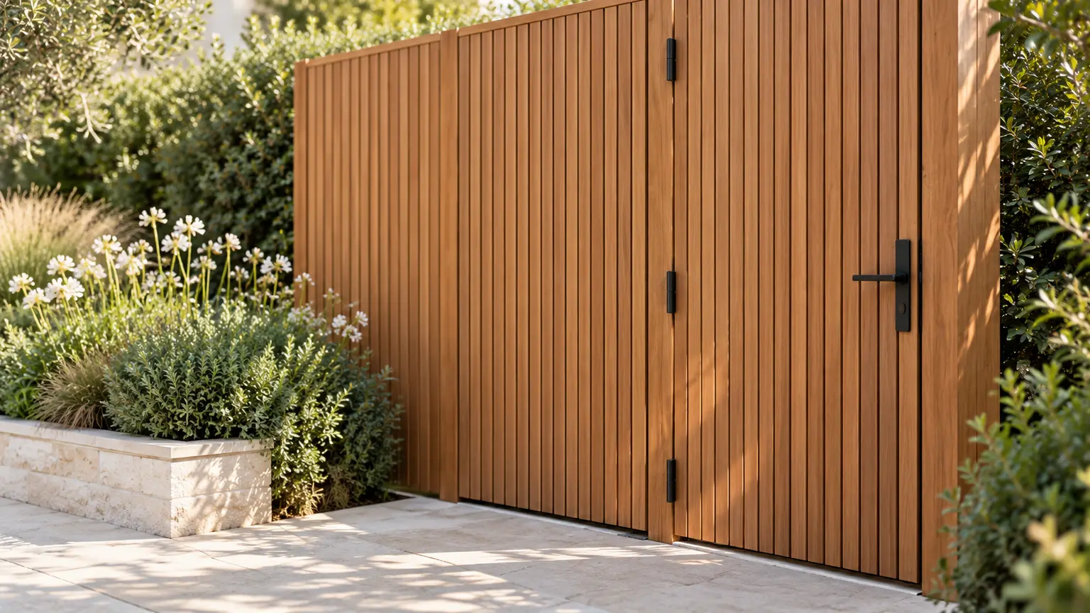 Black hinges and handle on a cedar gate beside a fixed panel and planting