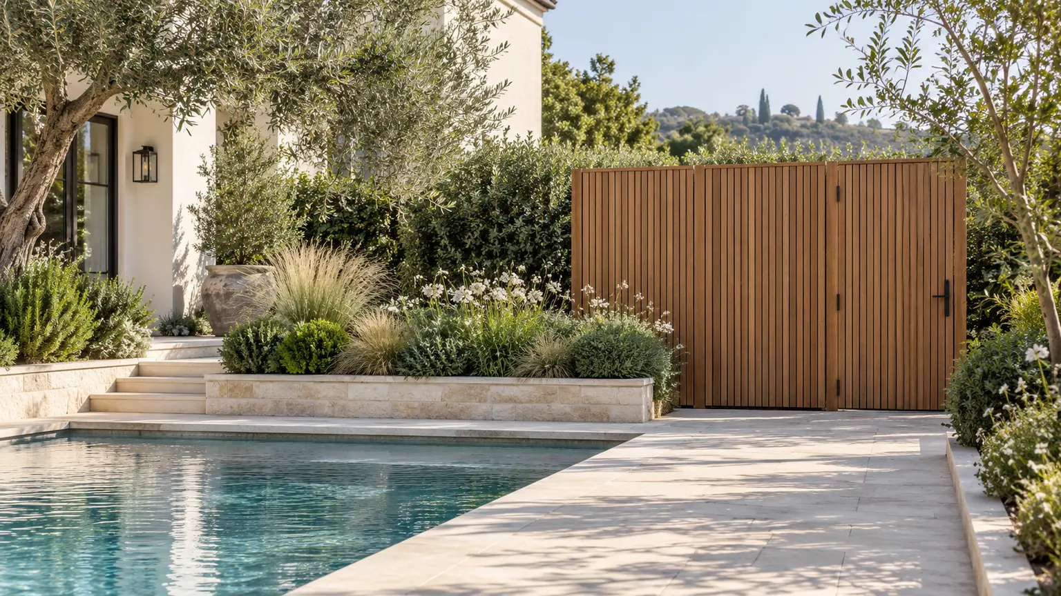 Closed cedar screen beside a swimming pool, stone paving and layered garden planting