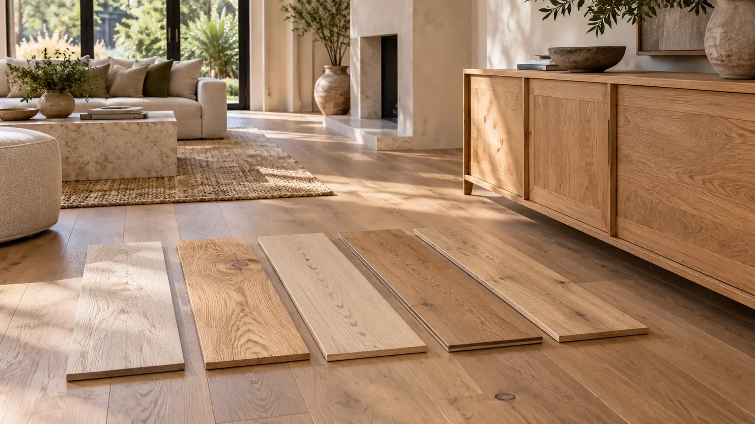 Loose wood flooring samples beside oak cabinetry in a light-filled room