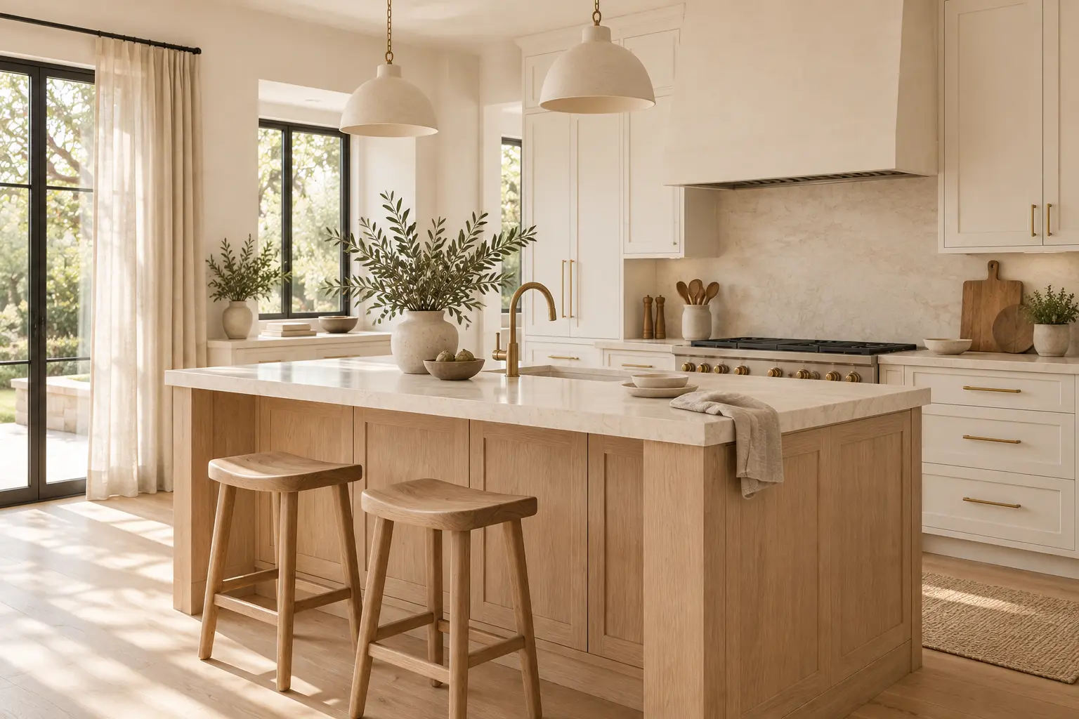 Concept kitchen with cream cabinetry, a pale oak island, brass tap, and olive branches