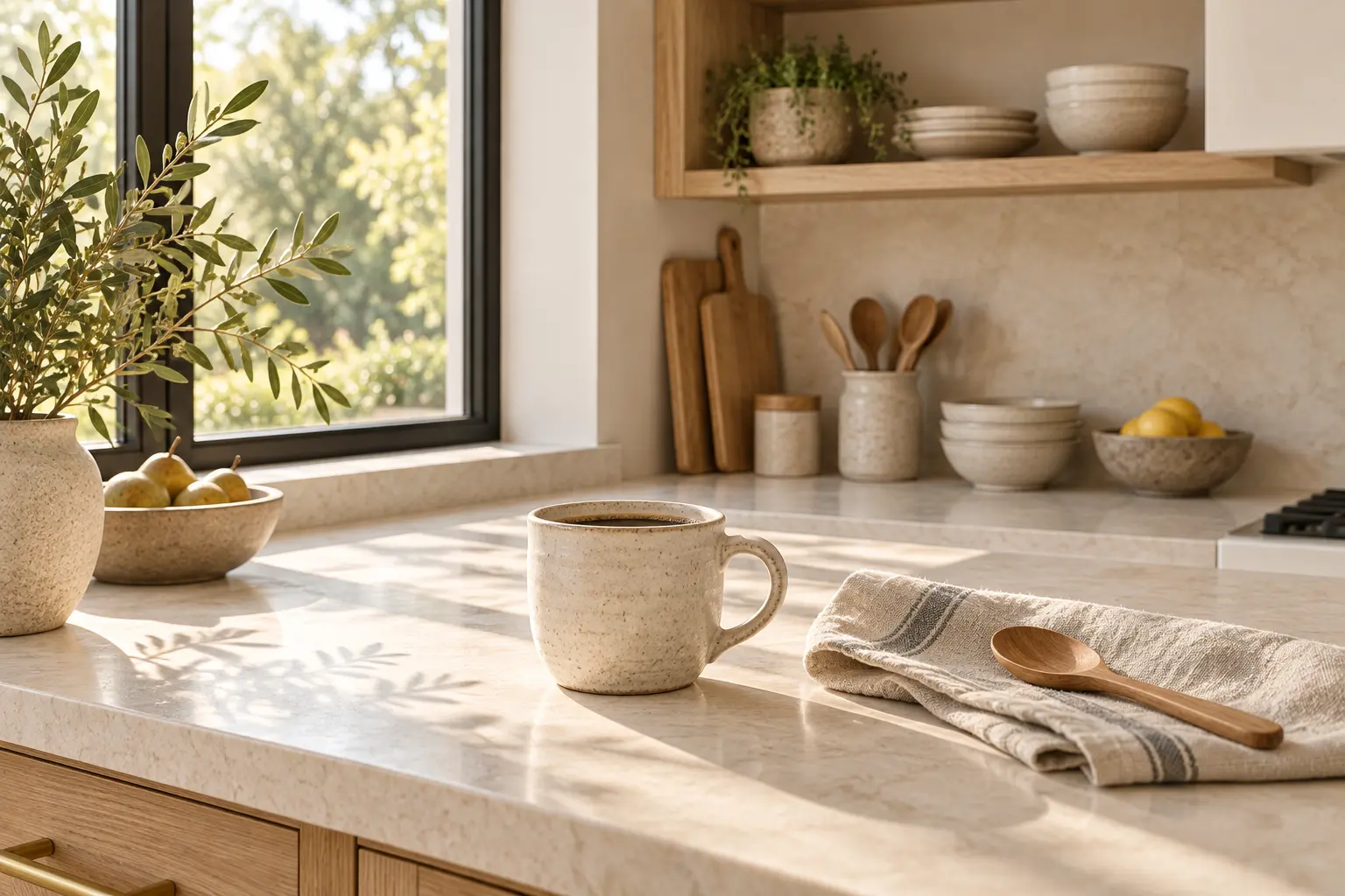 Concept illustration of coffee on a pale stone kitchen counter, beside a linen napkin and oak shelves