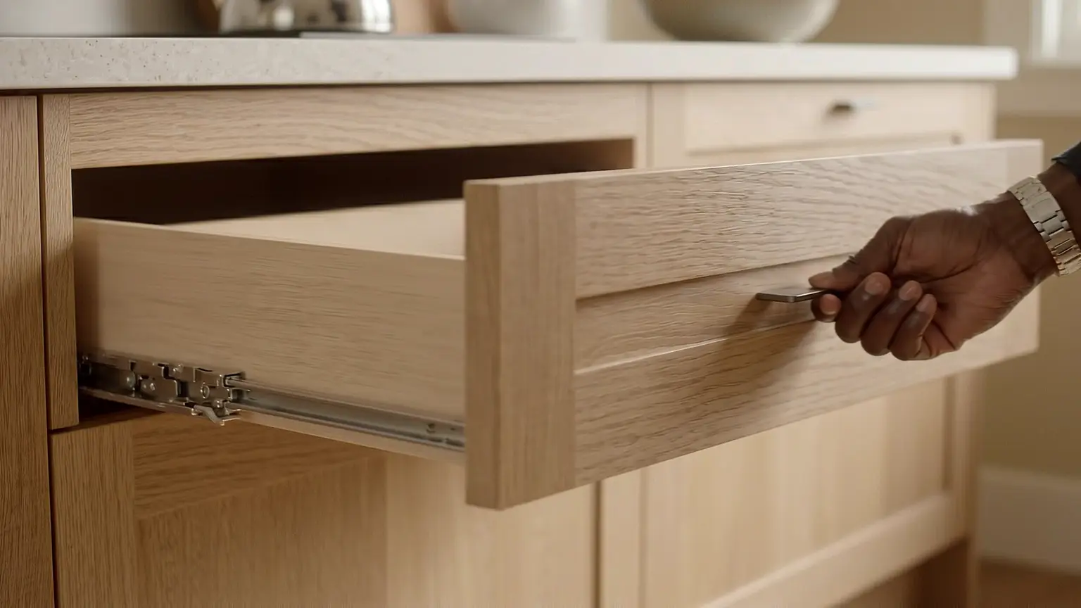 Open oak kitchen drawer showing its interior behind the front panel