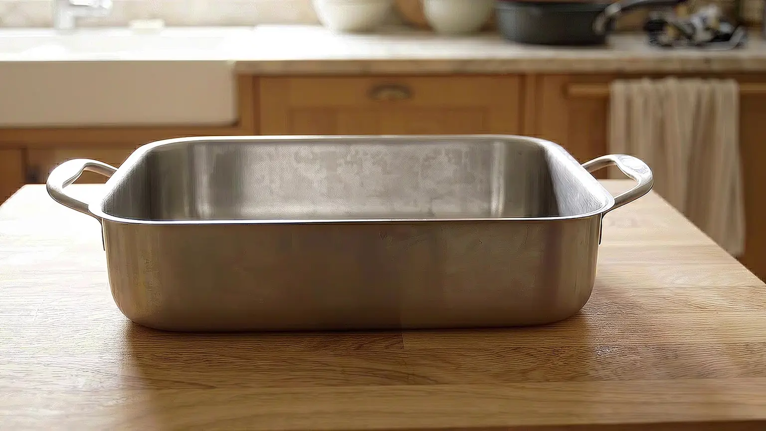Roasting pan with both handles visible on a timber kitchen counter