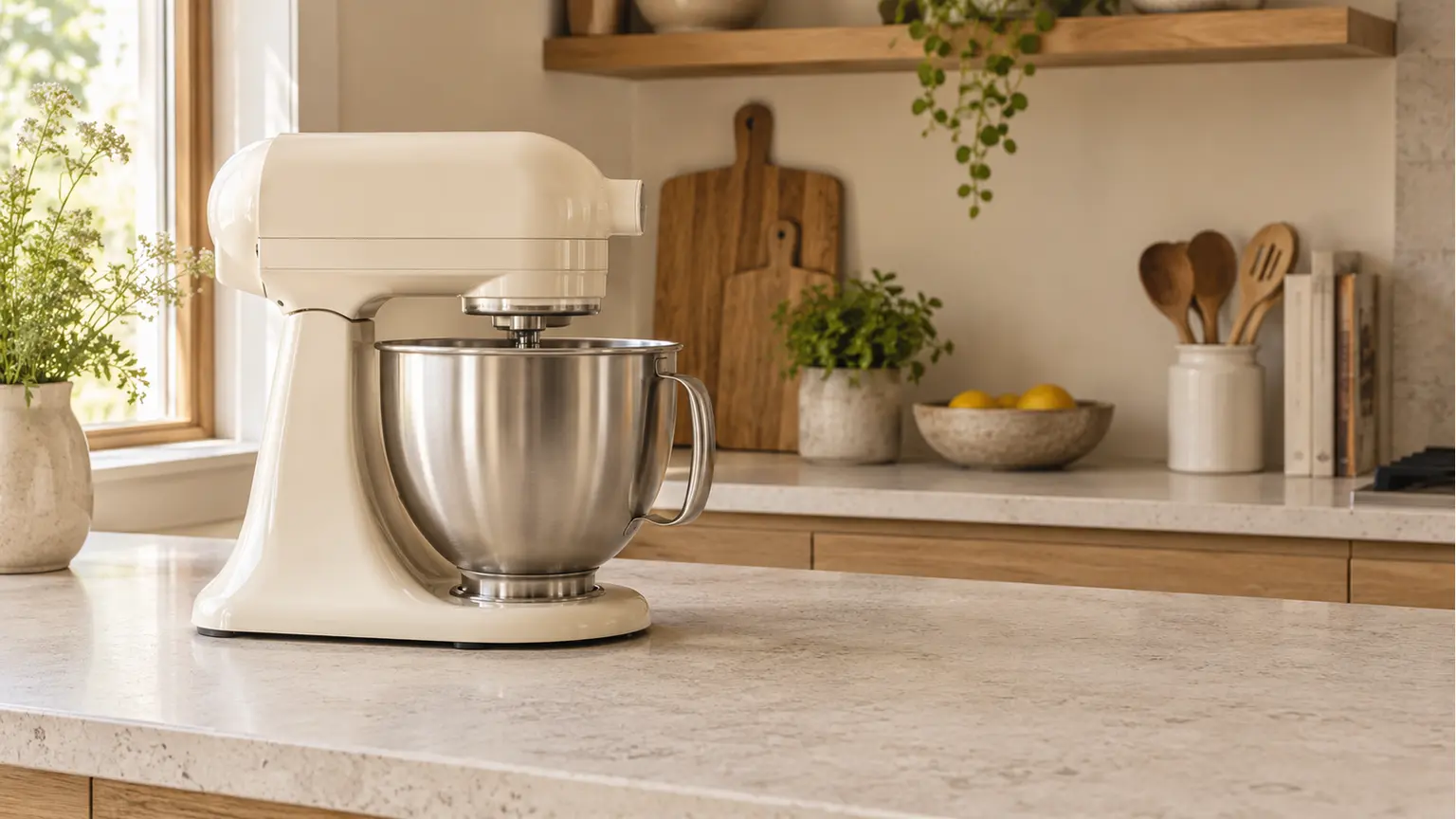 Cream stand mixer with a metal bowl and handle on a kitchen counter