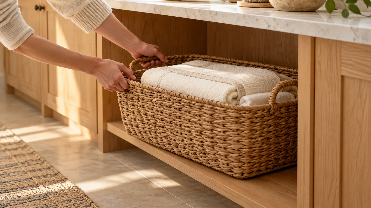 Hands holding a woven laundry basket at an open shelf beneath a counter