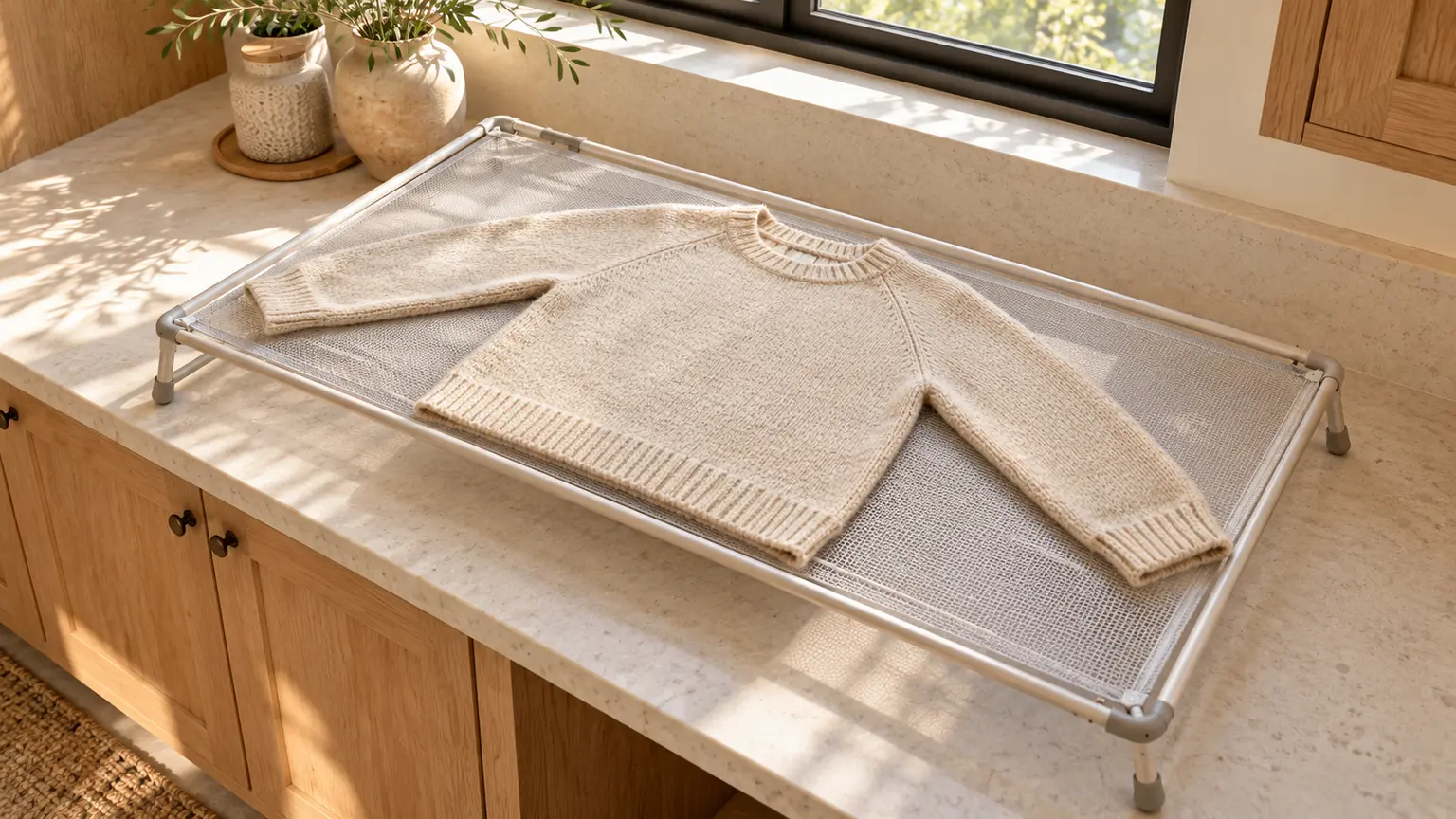 A cream garment drying flat on a mesh rack that occupies a laundry counter