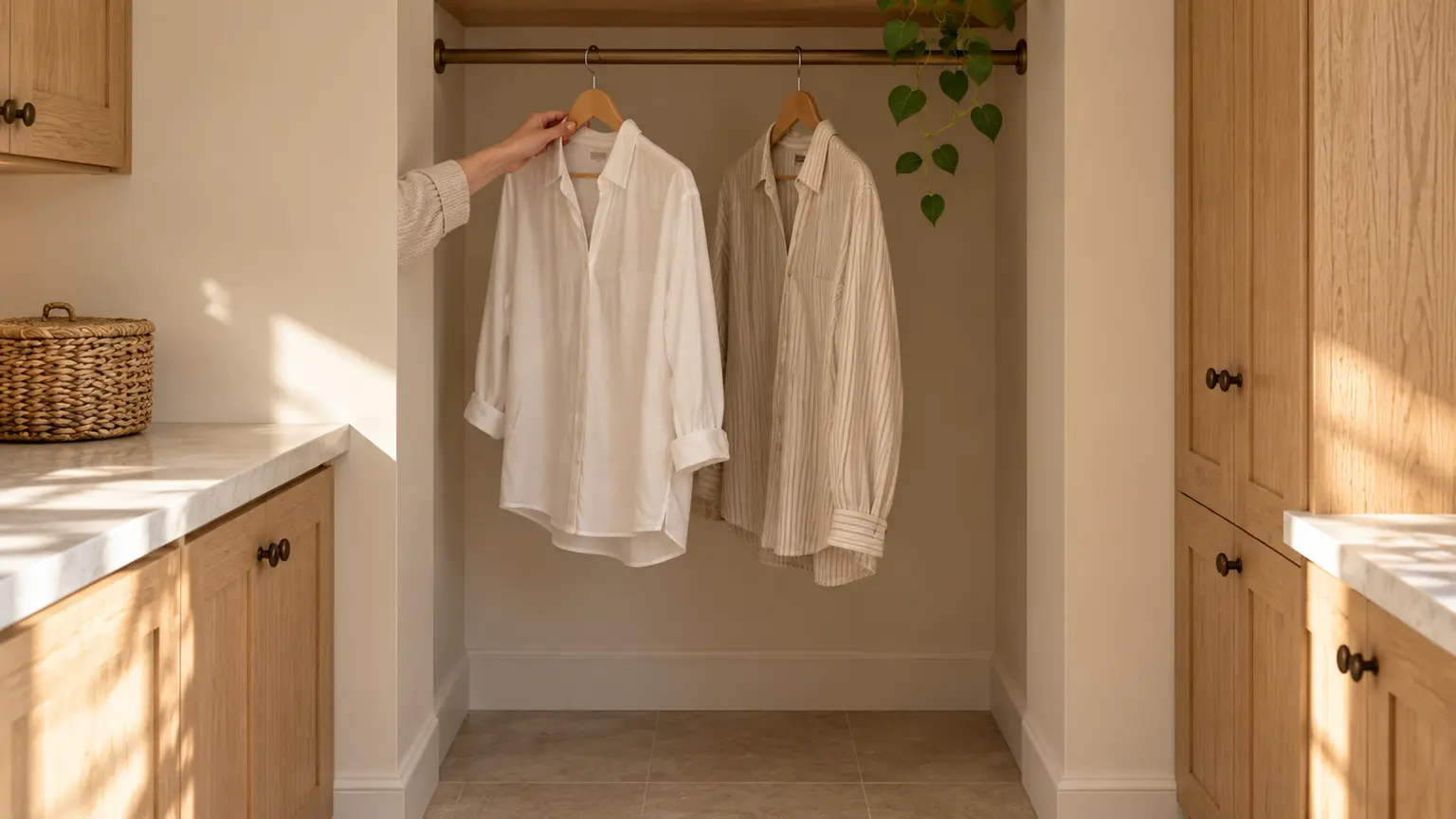 Two shirts hanging in a laundry alcove, with their full length visible below the rail