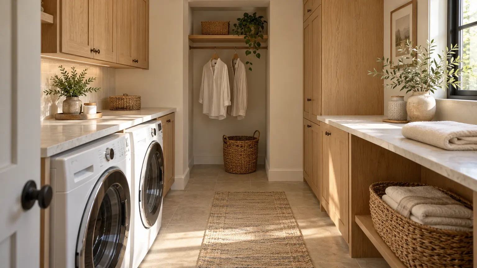Warm laundry room with a folding counter, hanging shirts and a separate place for a laundry basket
