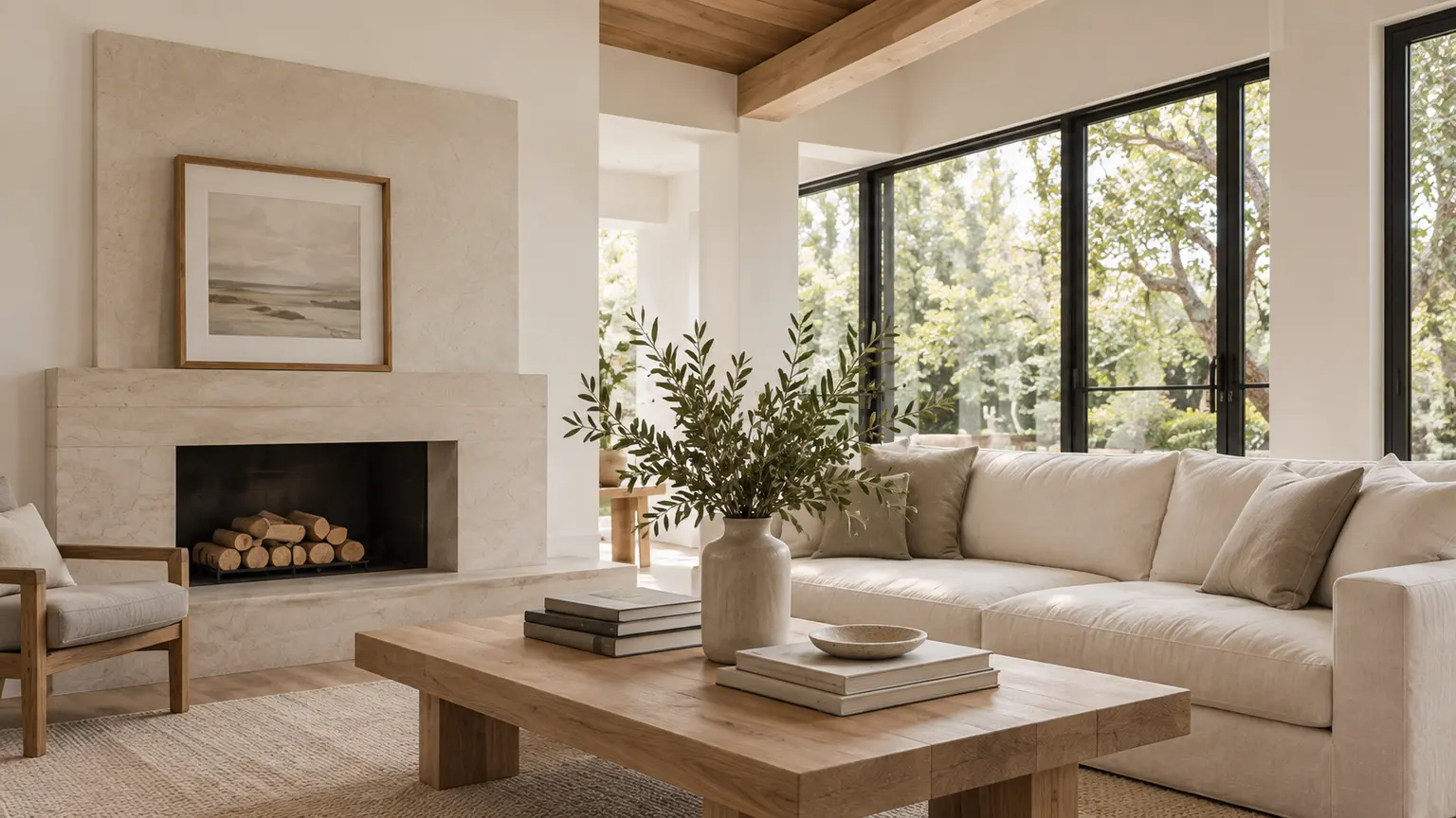 AI-illustrated living room with a limestone fireplace, ivory linen sofa, oak coffee table, and leafy trees outside