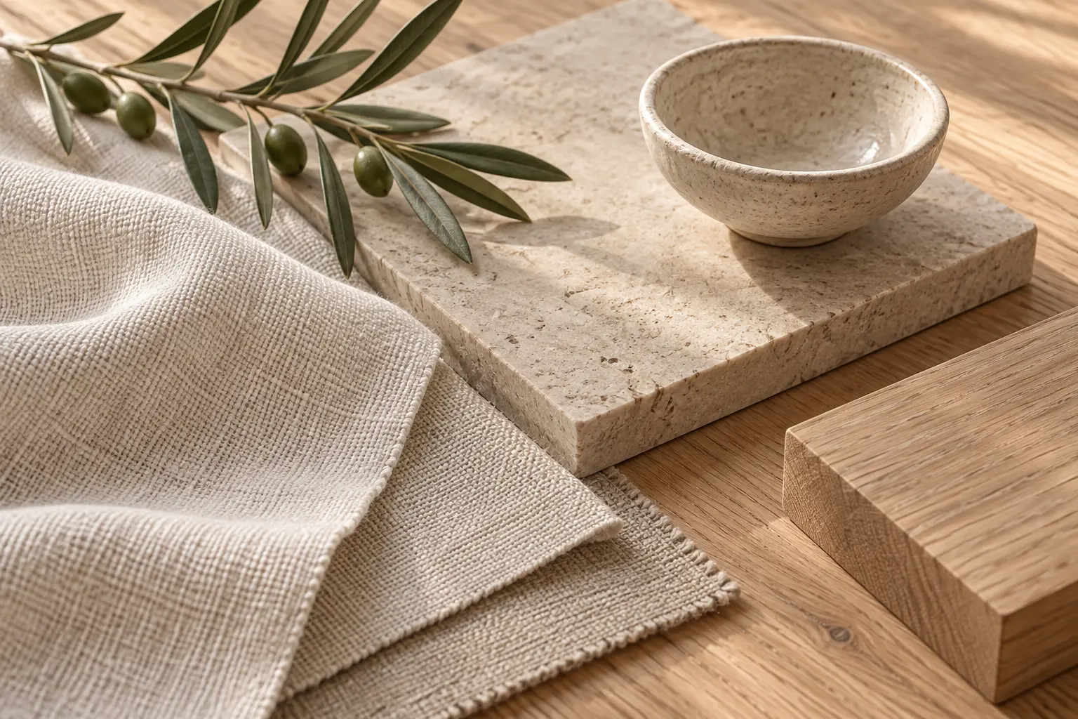 Concept still life of linen swatches, limestone, an oak sample, a ceramic bowl, and an olive branch