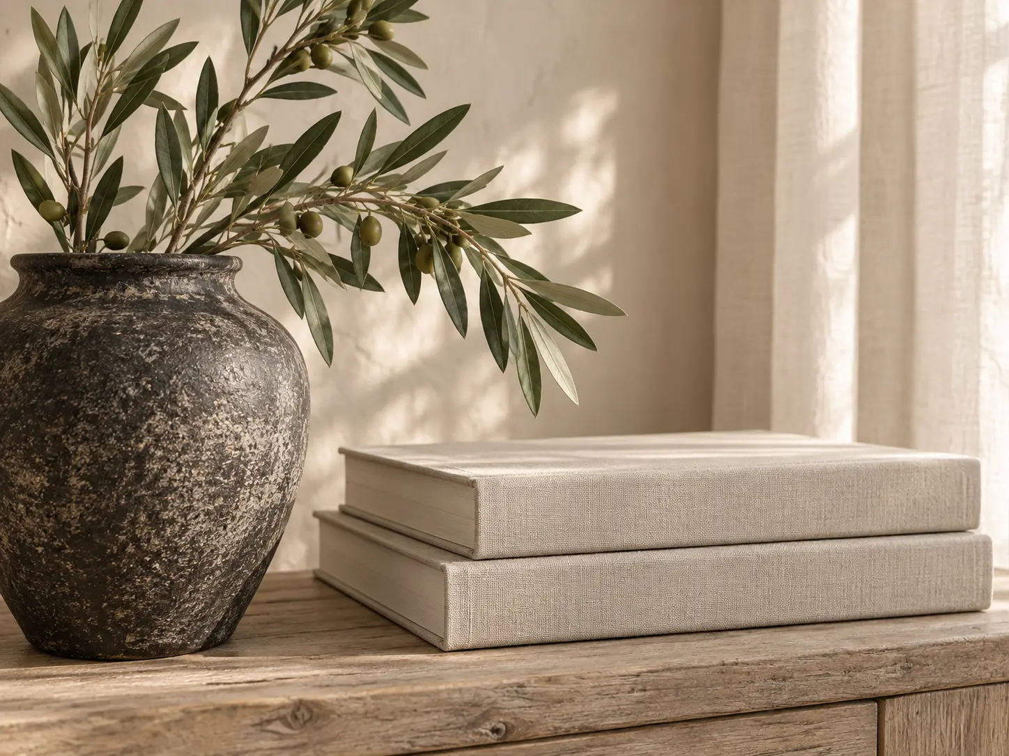 Illustrated still life of olive branches in a dark ceramic vase beside linen-bound books