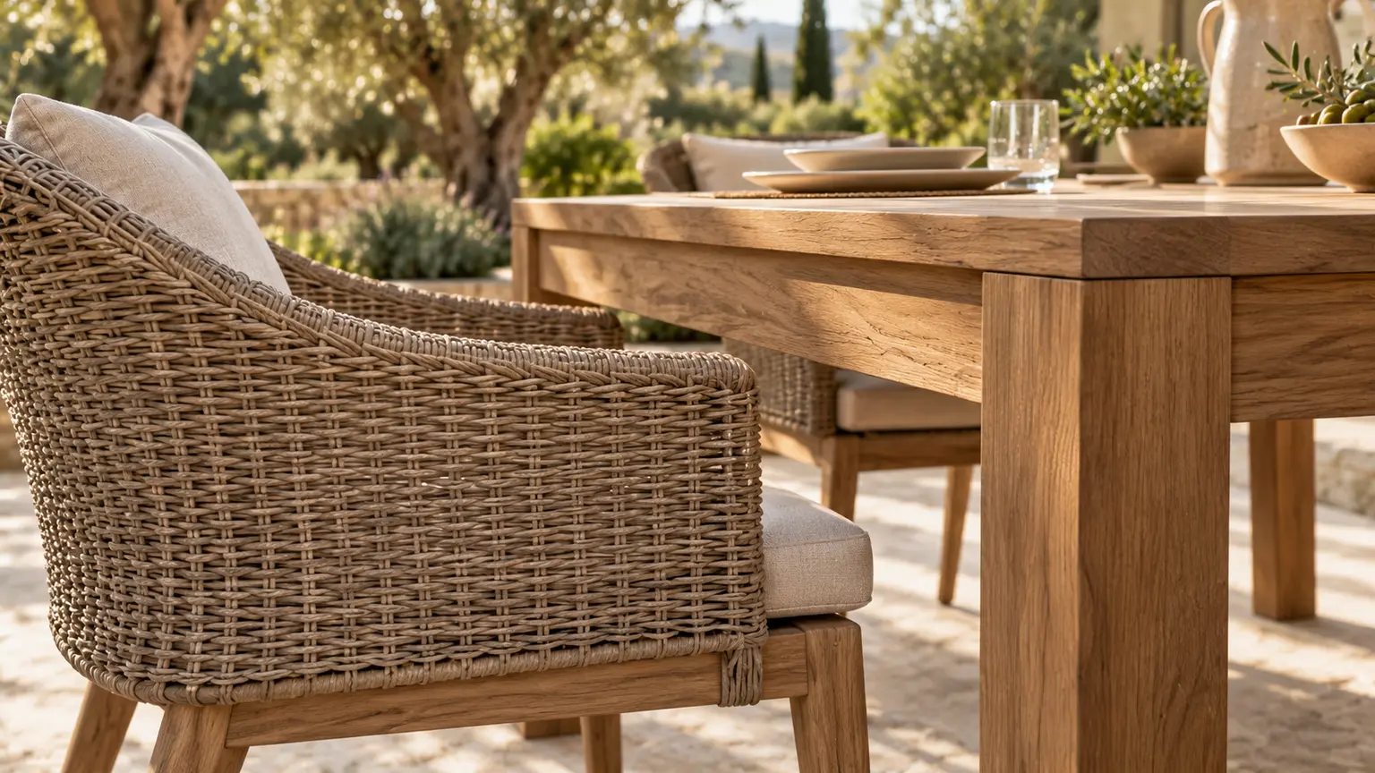 Woven dining chair arm beside the wooden support beneath an outdoor tabletop