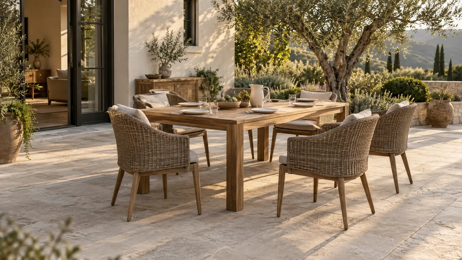 Teak dining table and woven chairs on a stone terrace beside an open house doorway