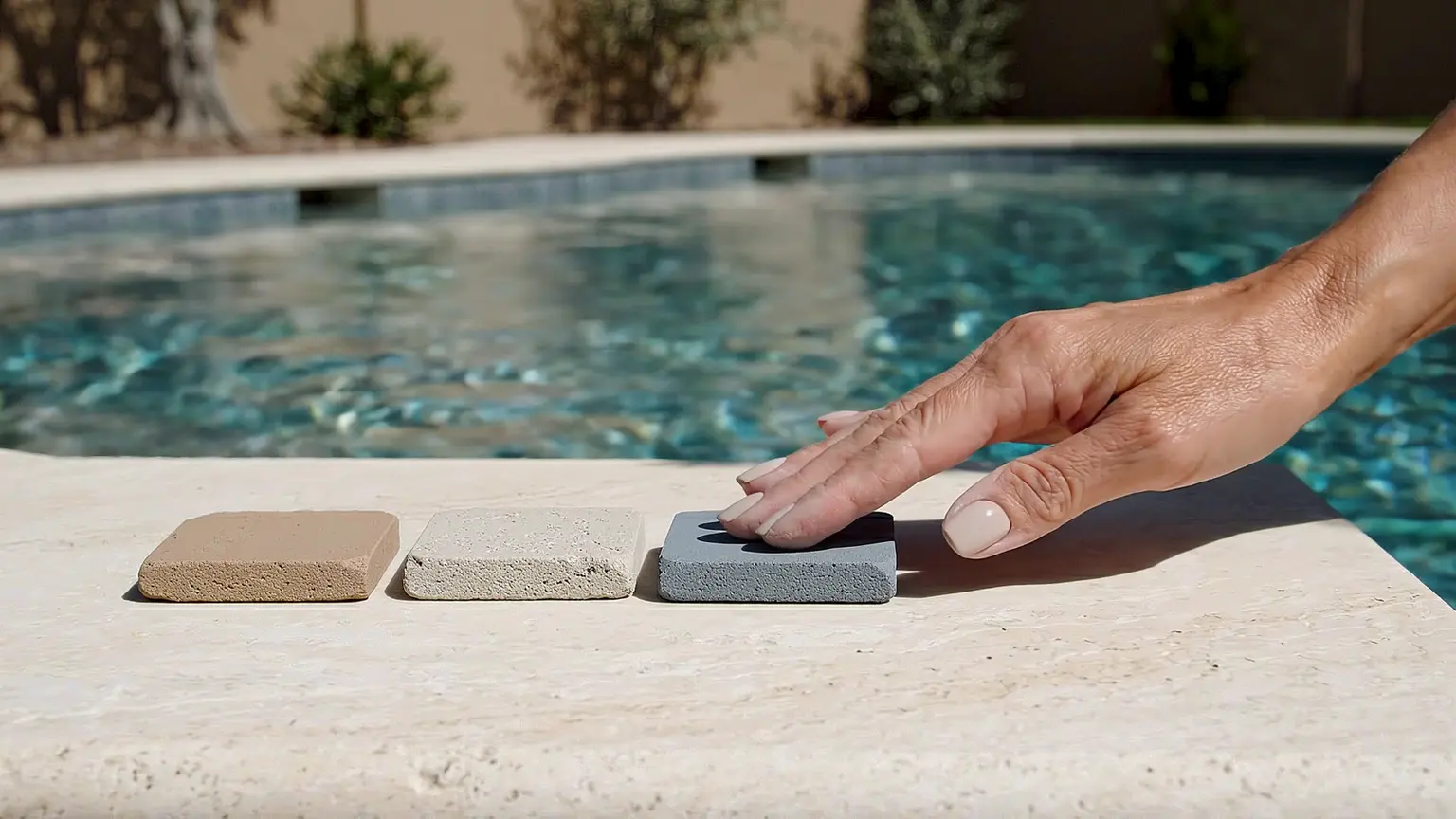 Three unbranded finish samples beside a pool