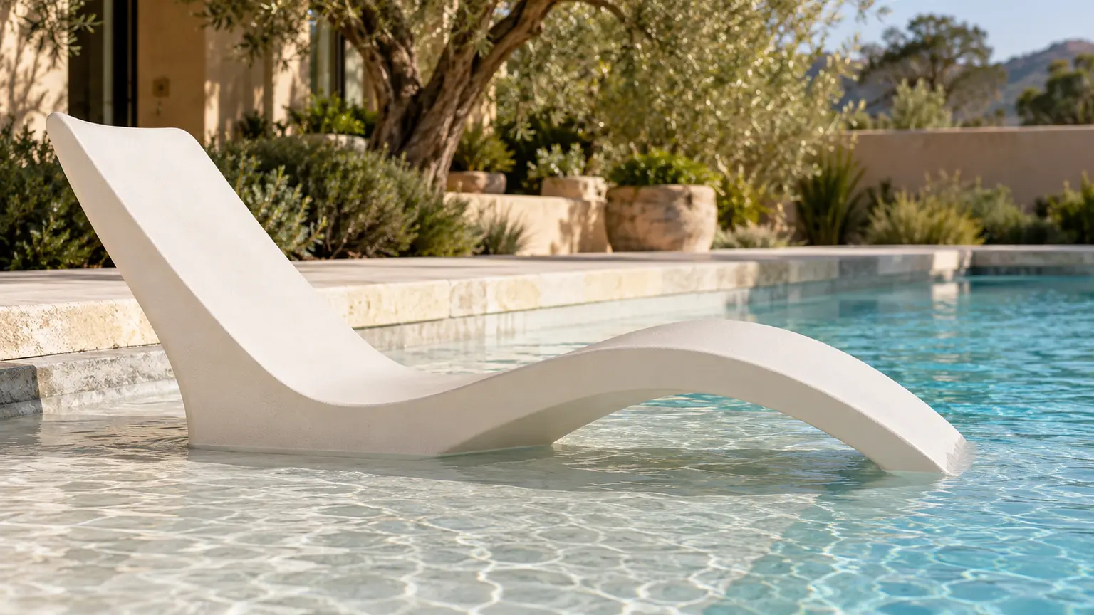 A cream lounge chair resting on a shallow pool shelf beside deeper water