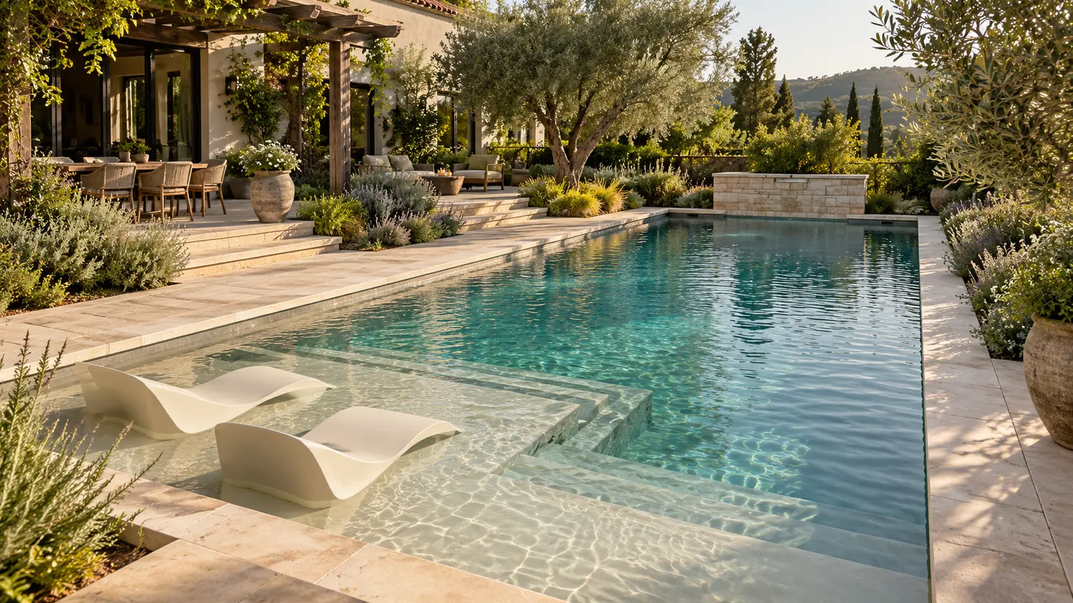 Two cream loungers on a shallow residential pool shelf beside steps and a longer basin